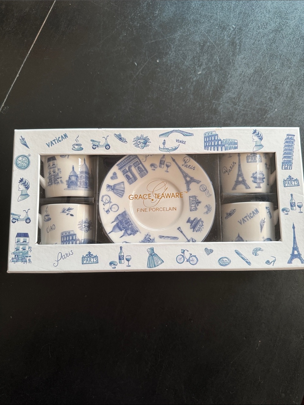 New Grace Teaware European Cities Rare Espresso Time Set Paris Venice Ciao